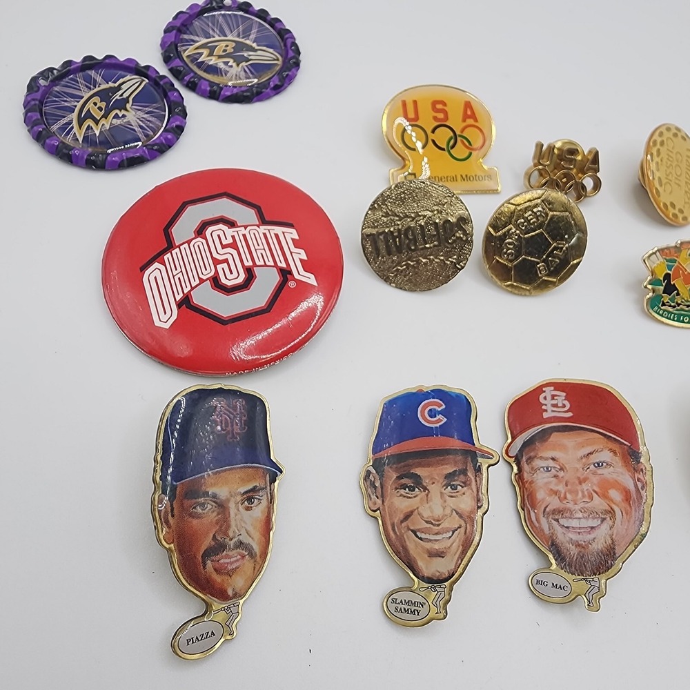 Vintage Sports Theme Pinback Button Lapel Pin Lot Enamel Metal Olympics Baseball - Picture 2 of 16